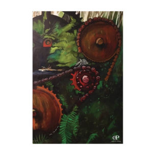 book cover that is a painting of rusting gears and foliage
